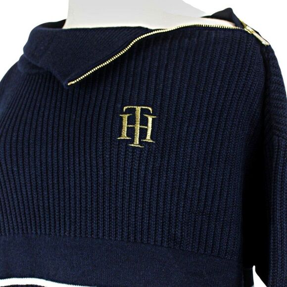 Tommy Hilfiger Sweater Ribbed Knit Shoulder Zip Varsity Turtleneck Blue Sz 2XL - Picture 6 of 10